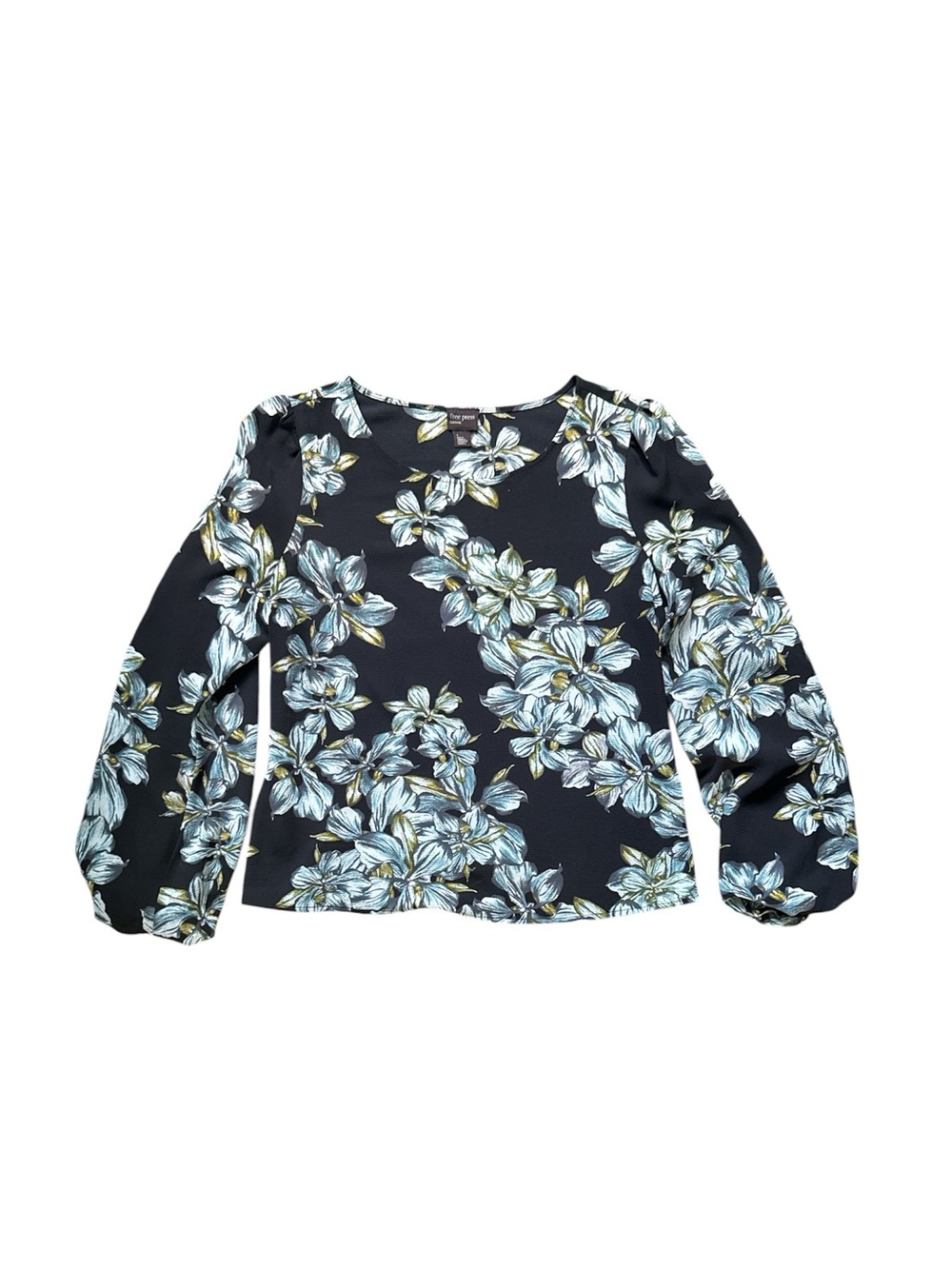 free press Black Floral Long-Sleeve Blouse with Blue and Cream Flowers